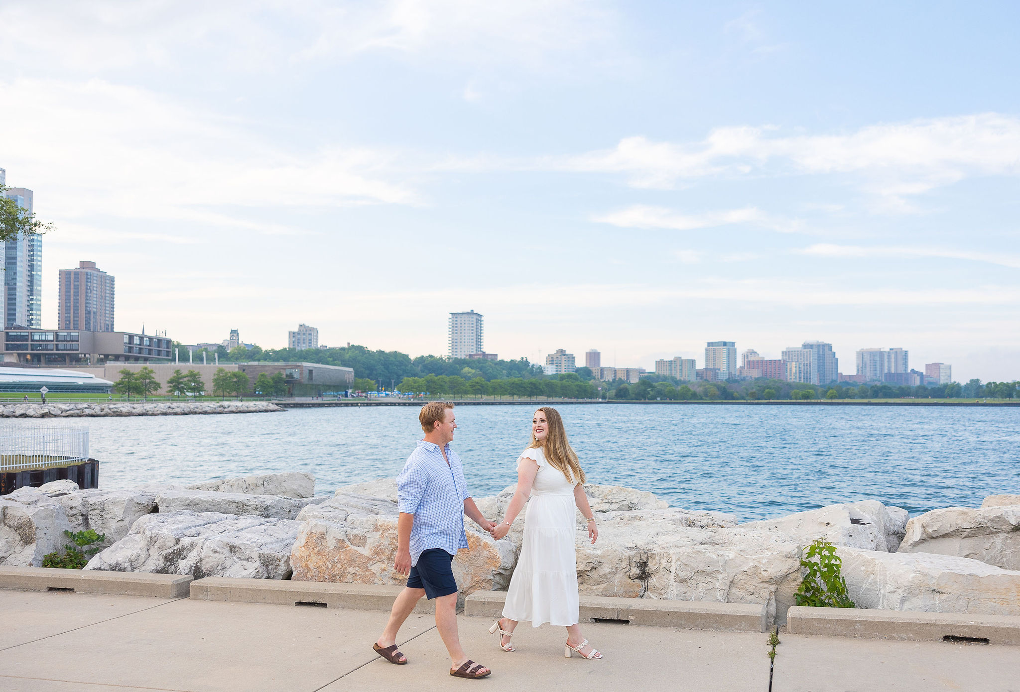 Couple walking by lake