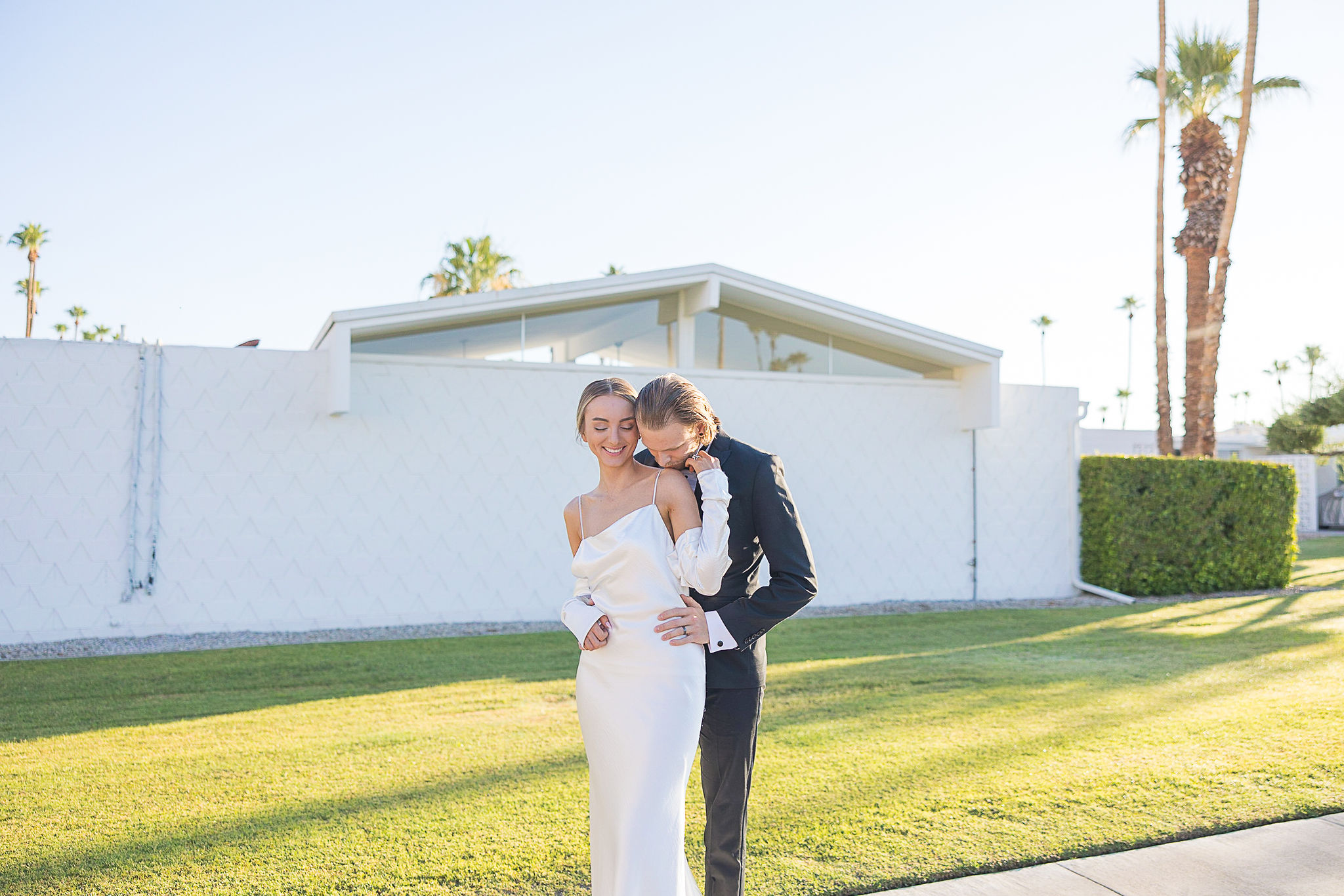 Bride and groom in palm springs