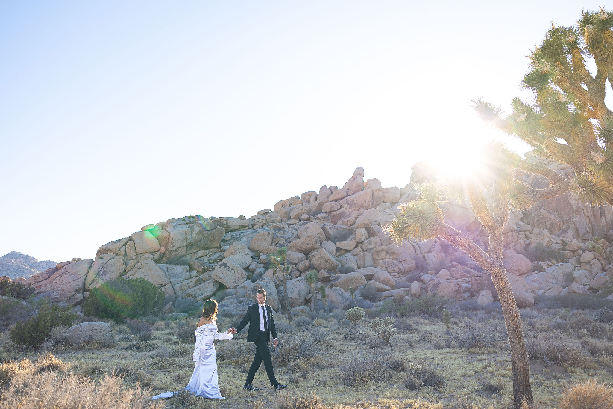 Bride and Groom walking through cactus's in Palm Springs