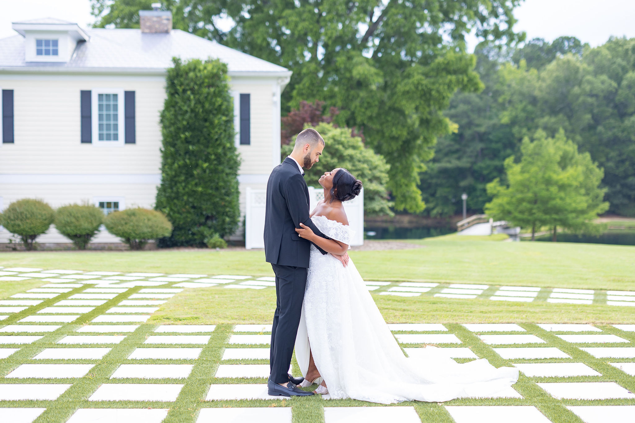 Bride and Groom in courtyard